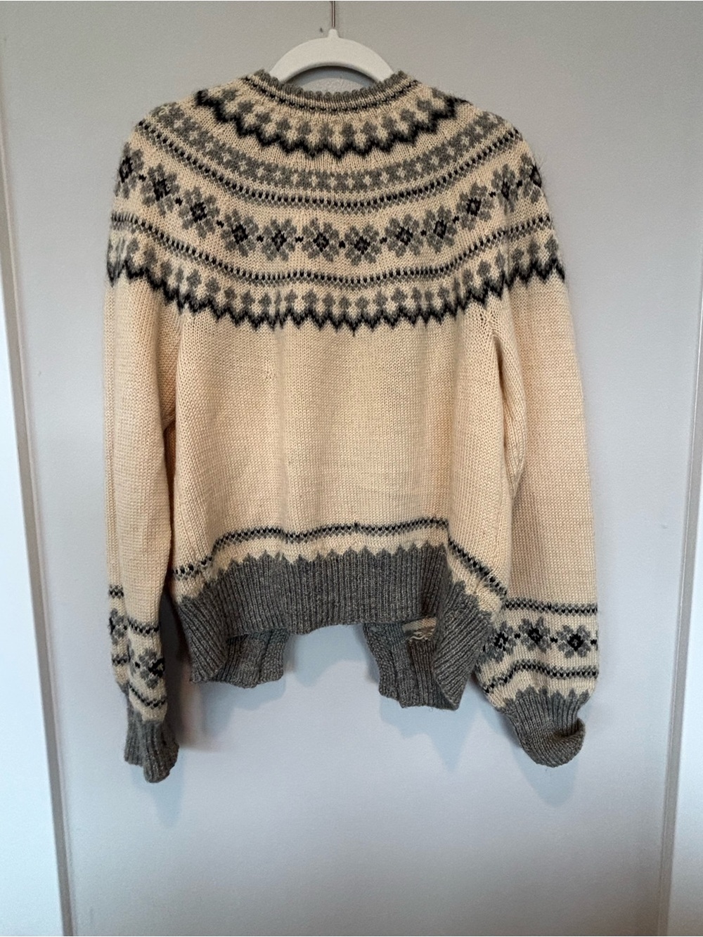 Wool Nordic-Style Cardigan Sweater - Cream & Gray - Picture 2 of 4